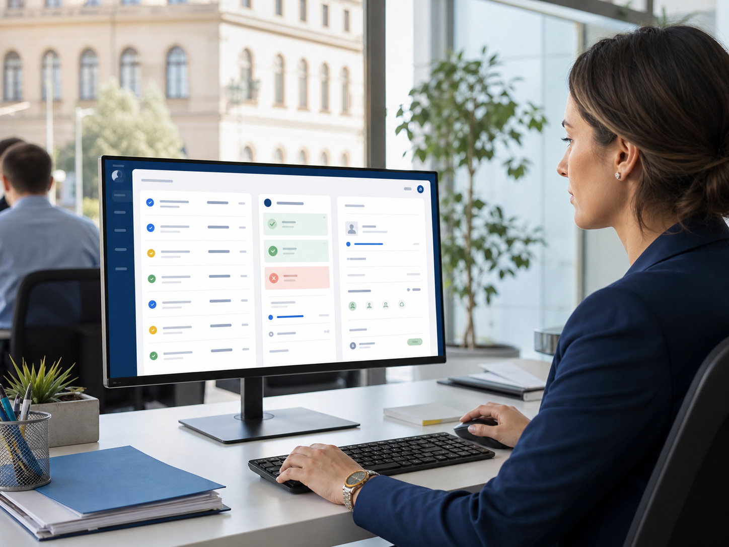 Operatrice comunale al computer con coda richieste digitali